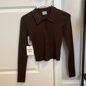 Aritzia Sunday Best CECE Cropped Sweater Button Up in Rich Mocha Brown